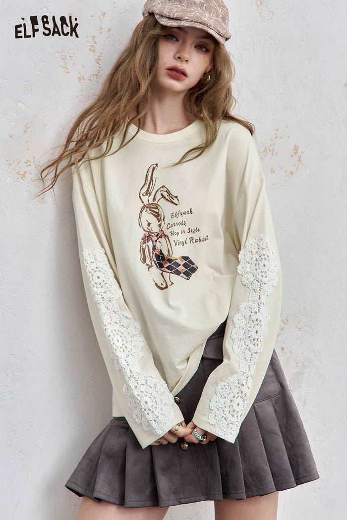 Graphic Long Sleeve Lace Bunny Tee