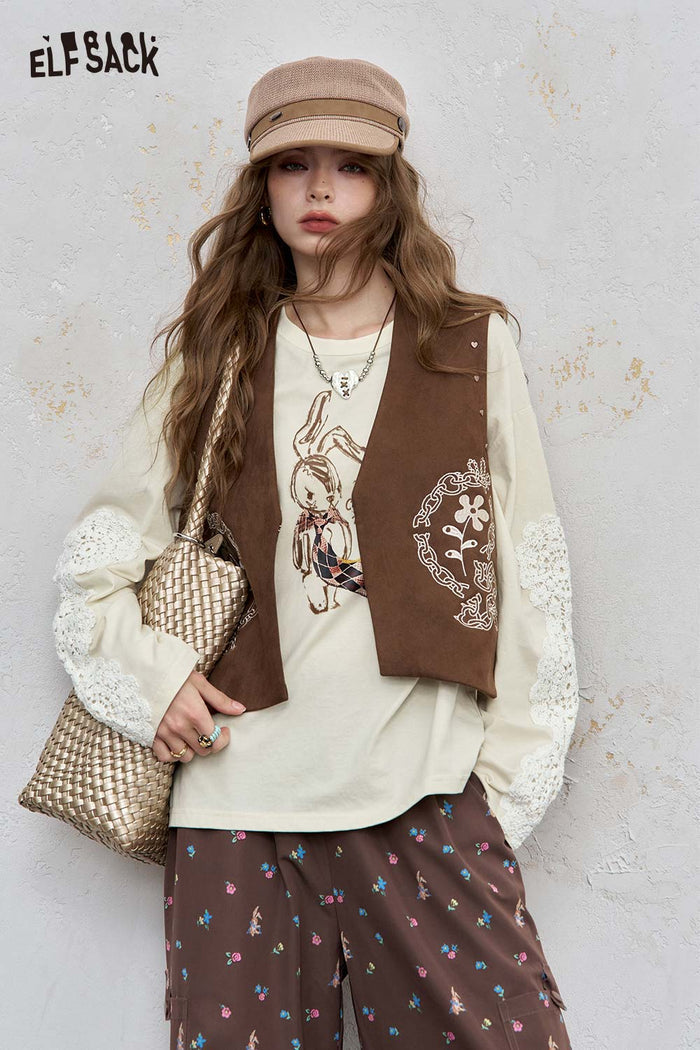 Graphic Long Sleeve Lace Bunny Tee