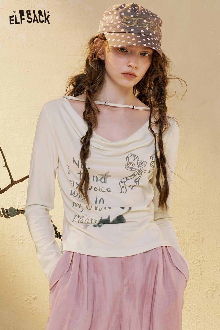 ELFSACK Graphic Print Cowl Neck Long Sleeve Tee