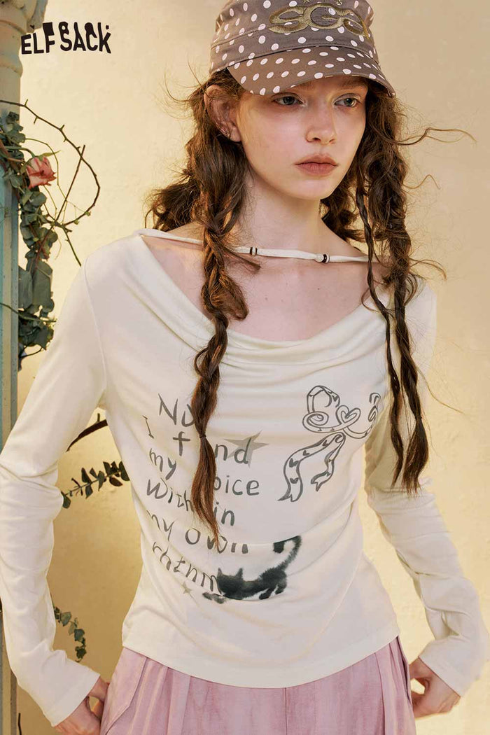 ELFSACK Graphic Print Cowl Neck Long Sleeve Tee