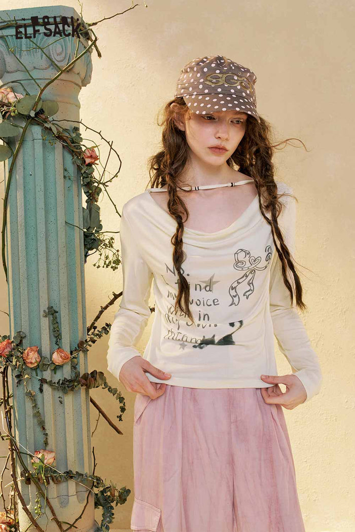 ELFSACK Graphic Print Cowl Neck Long Sleeve Tee