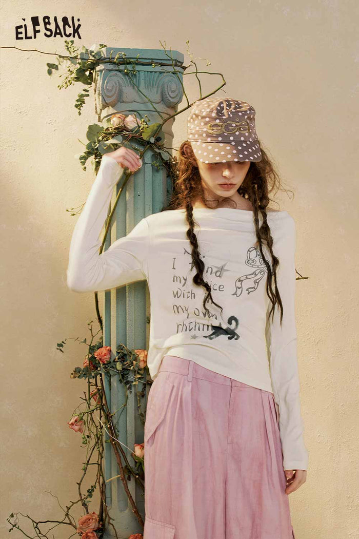 ELFSACK Graphic Print Cowl Neck Long Sleeve Tee