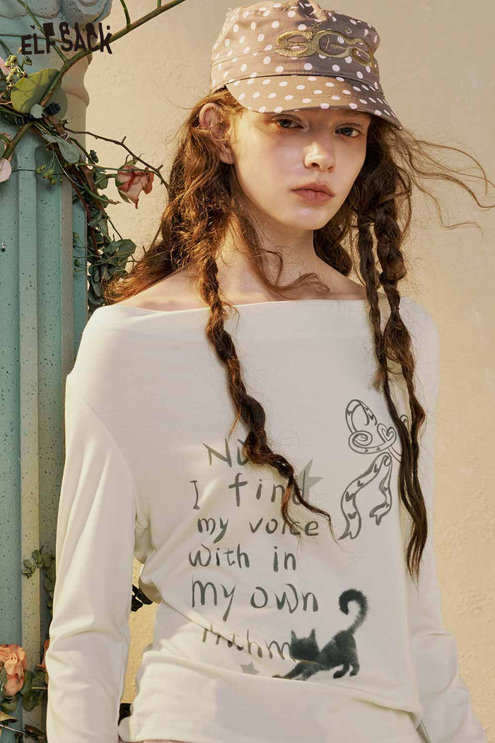 ELFSACK Graphic Print Cowl Neck Long Sleeve Tee