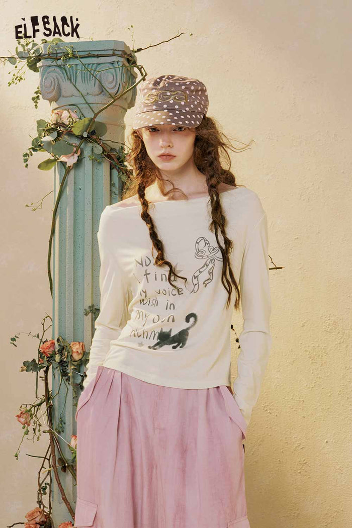 ELFSACK Graphic Print Cowl Neck Long Sleeve Tee
