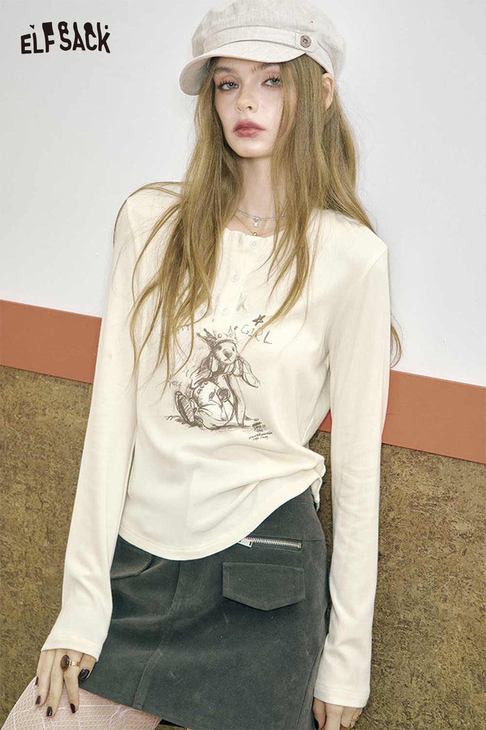 Graphic Print Long Sleeve Henley Tee