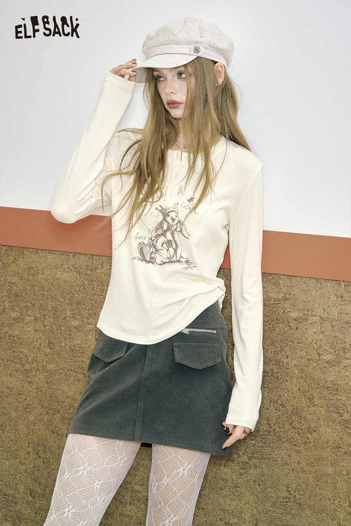 Graphic Print Long Sleeve Henley Tee