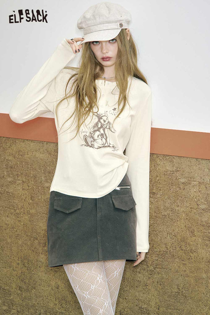 Graphic Print Long Sleeve Henley Tee