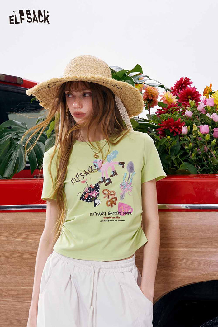 ELFSACK Graphic Print Ruched Waist Slim T-Shirt