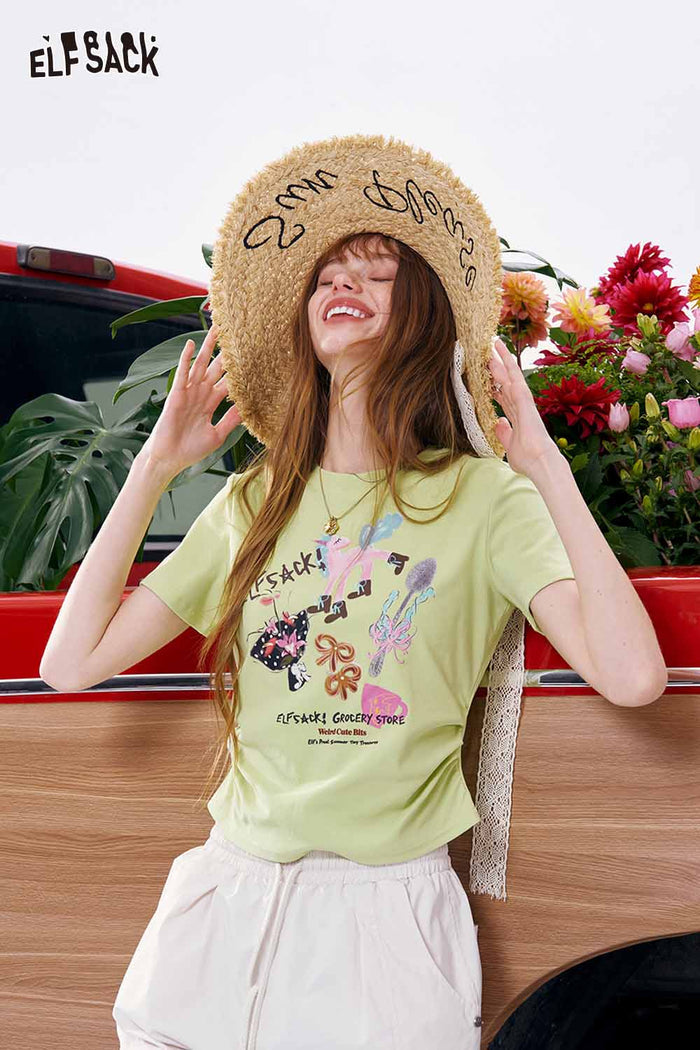 ELFSACK Graphic Print Ruched Waist Slim T-Shirt