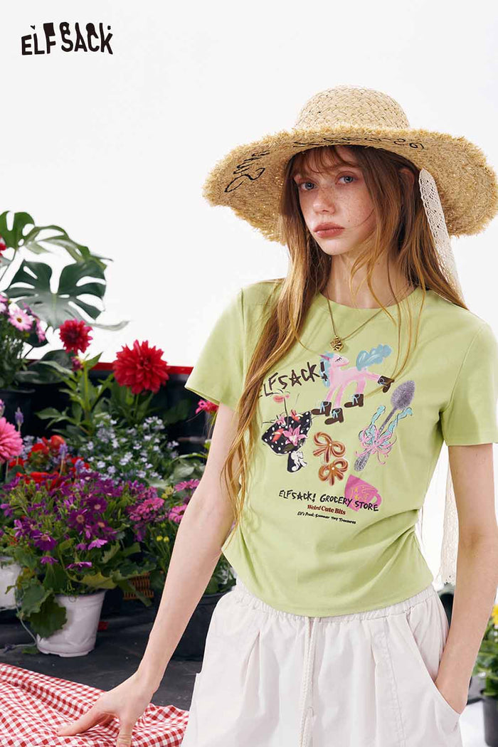 ELFSACK Graphic Print Ruched Waist Slim T-Shirt