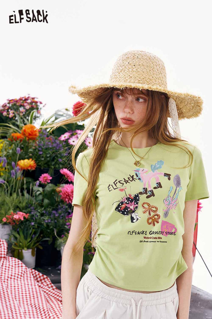 ELFSACK Graphic Print Ruched Waist Slim T-Shirt