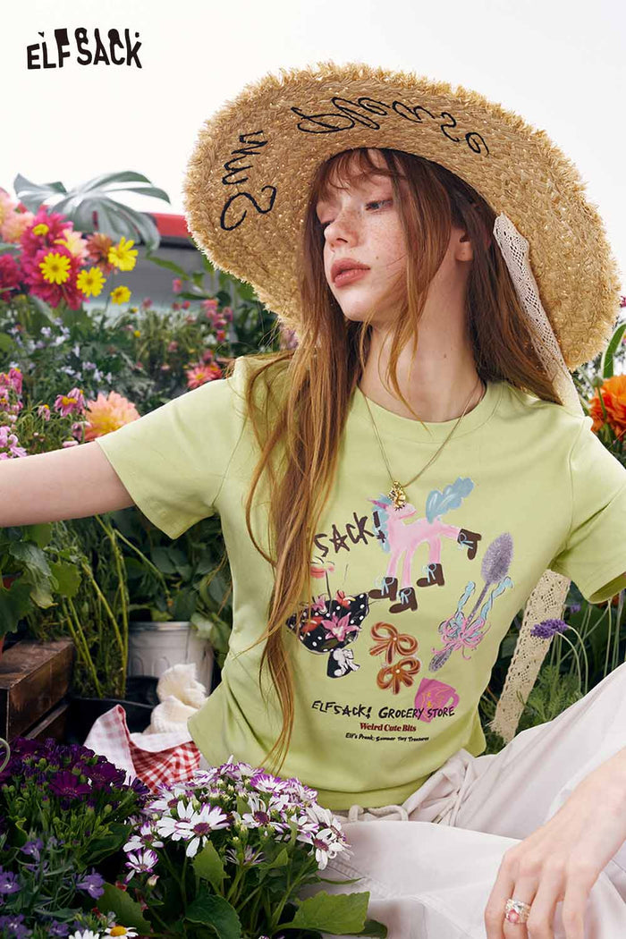 ELFSACK Graphic Print Ruched Waist Slim T-Shirt