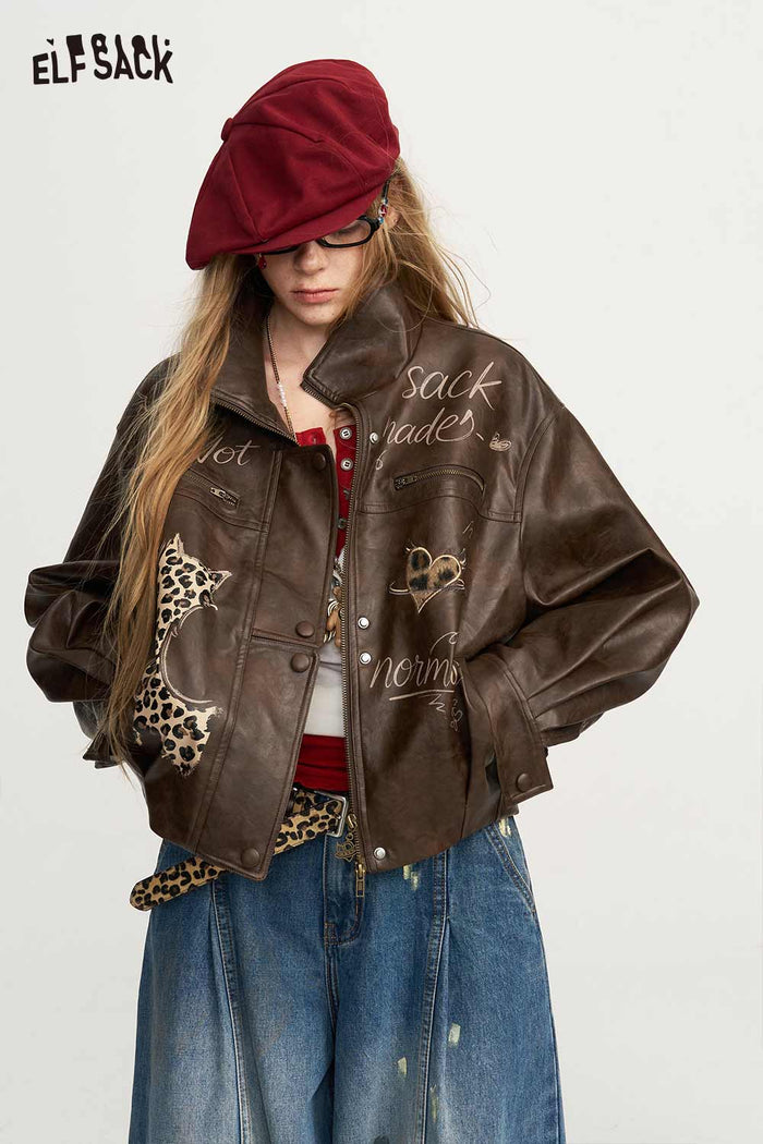 Graphic Print Stand Collar Crop Jacket