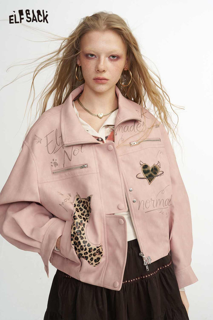Graphic Print Stand Collar Crop Jacket