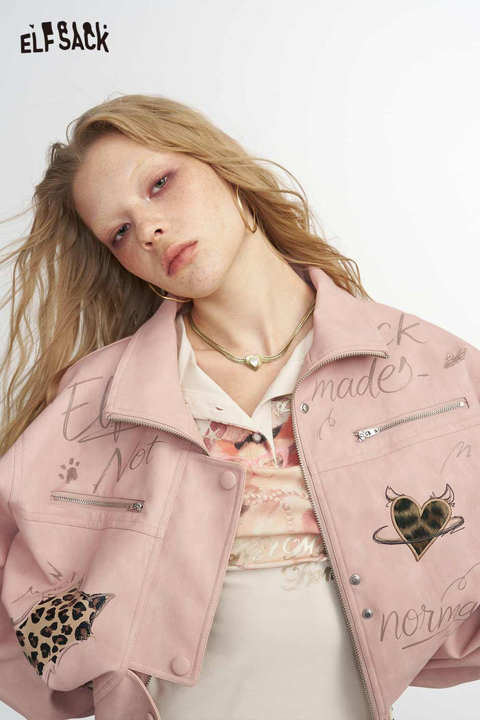 Graphic Print Stand Collar Crop Jacket