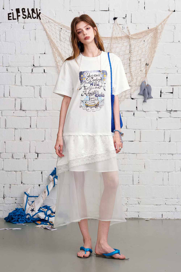 ELFSACK Graphic Print Tiered Mesh T-Shirt Maxi Dress