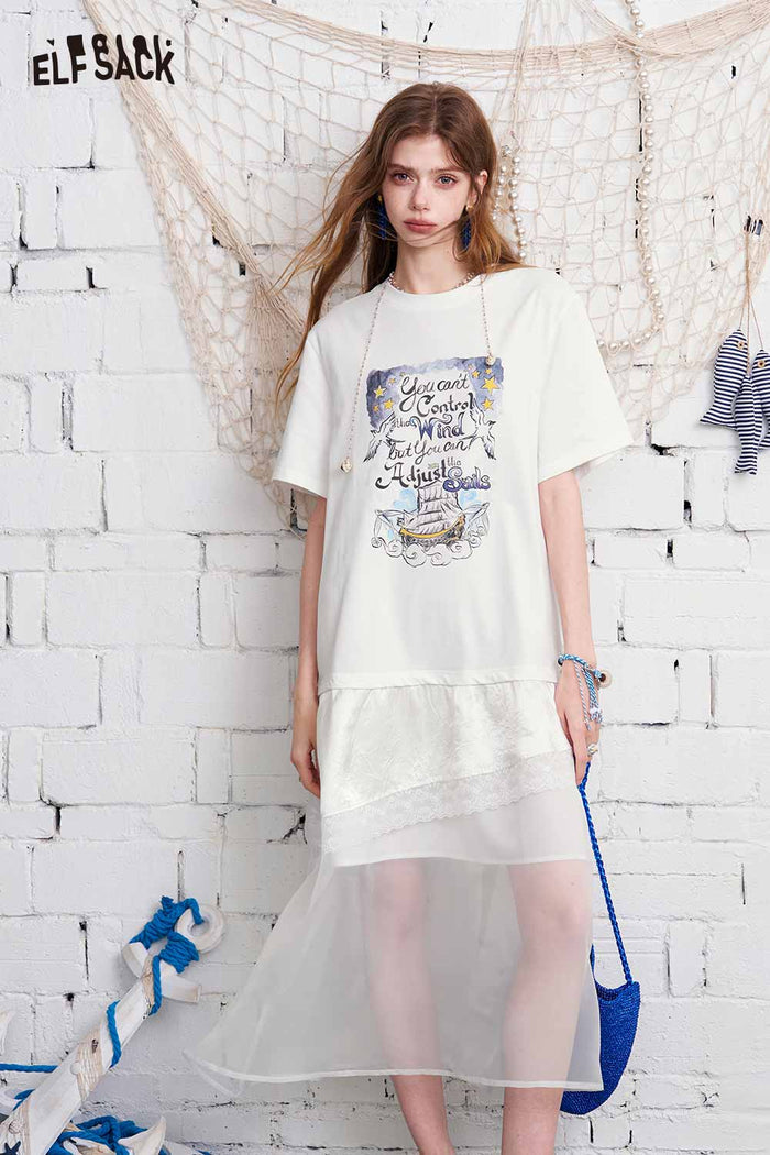 ELFSACK Graphic Print Tiered Mesh T-Shirt Maxi Dress