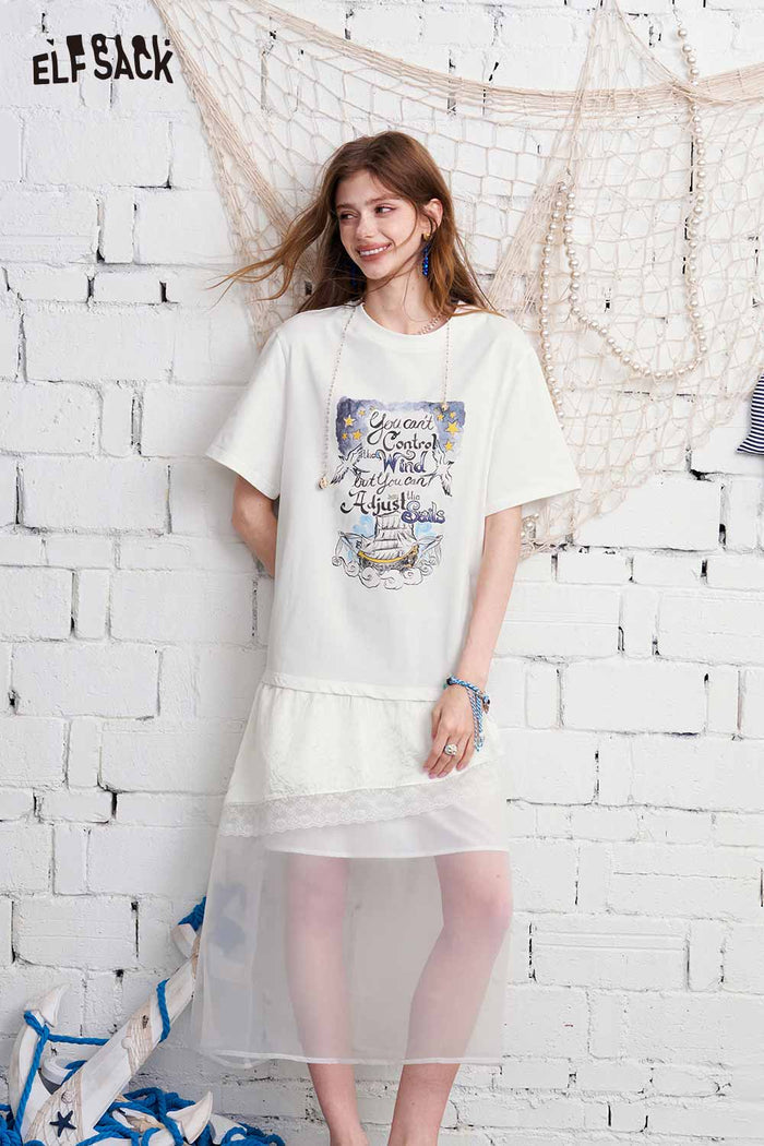 ELFSACK Graphic Print Tiered Mesh T-Shirt Maxi Dress
