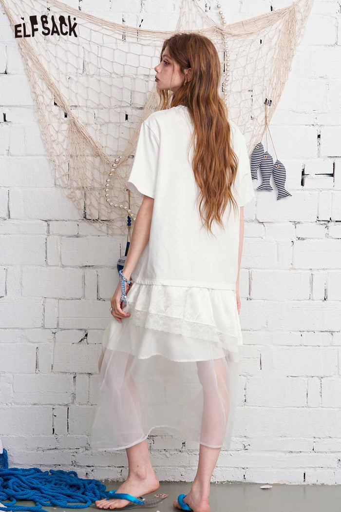 ELFSACK Graphic Print Tiered Mesh T-Shirt Maxi Dress