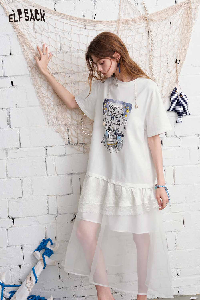 ELFSACK Graphic Print Tiered Mesh T-Shirt Maxi Dress