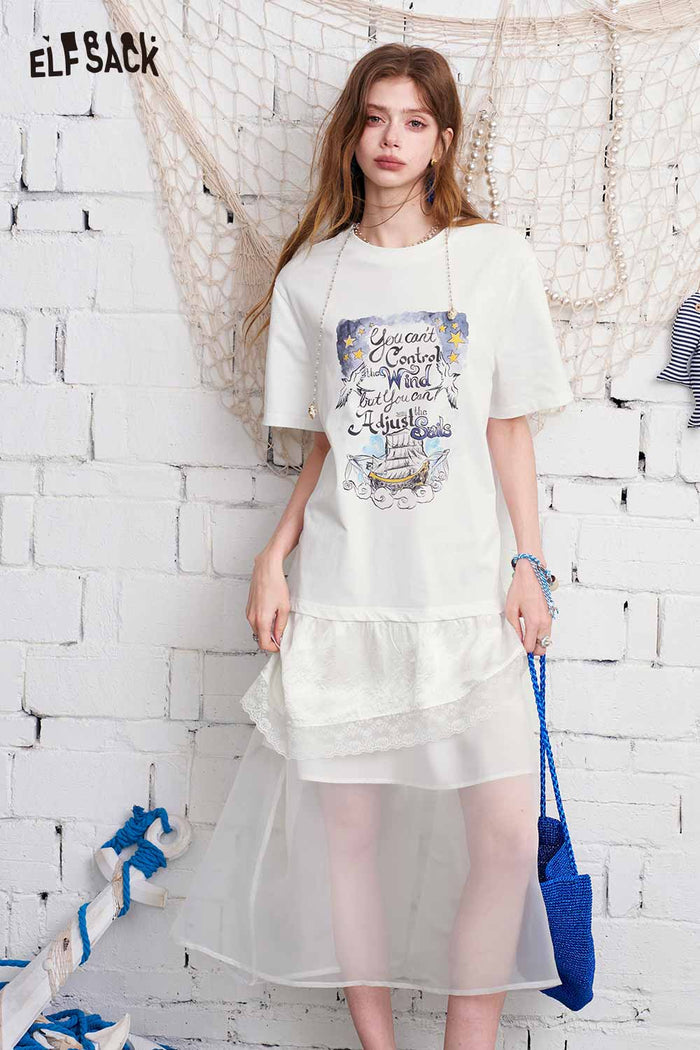 ELFSACK Graphic Print Tiered Mesh T-Shirt Maxi Dress