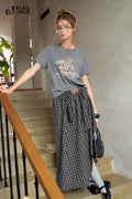 Graphic Tee Plaid Midi Skirt Set