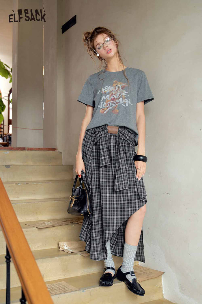 Graphic Tee Plaid Midi Skirt Set