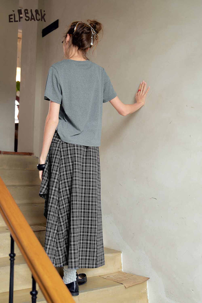 Graphic Tee Plaid Midi Skirt Set