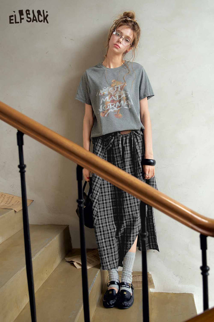 Graphic Tee Plaid Midi Skirt Set