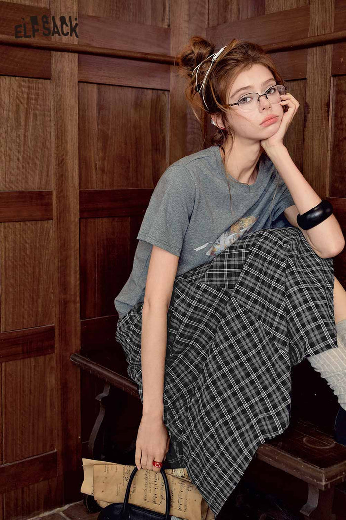 Graphic Tee Plaid Midi Skirt Set
