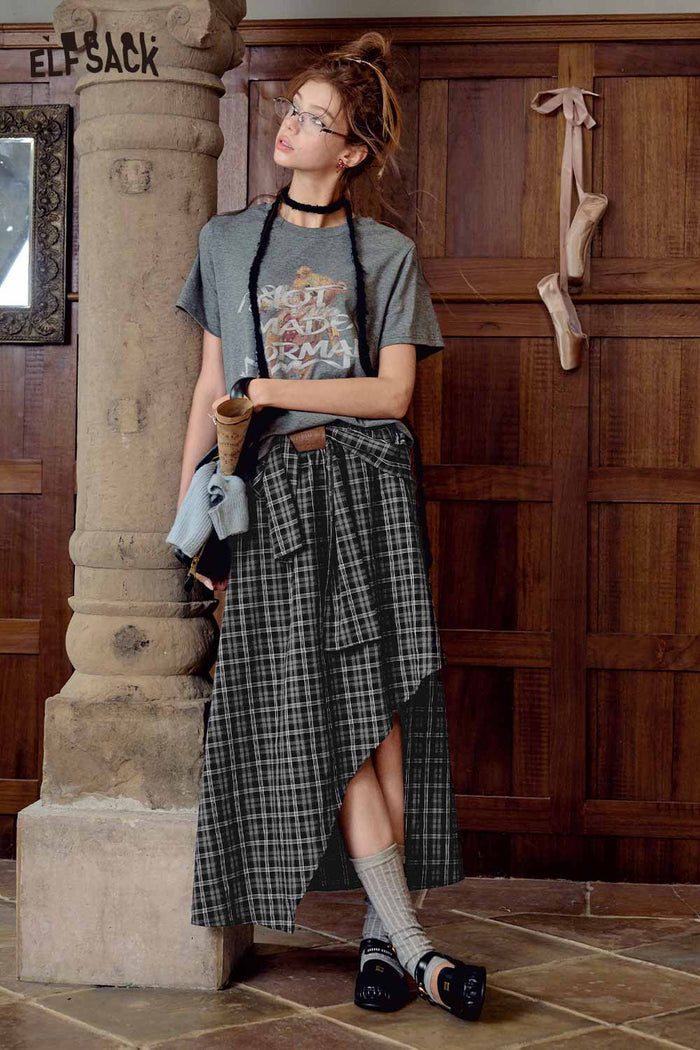 Graphic Tee Plaid Midi Skirt Set