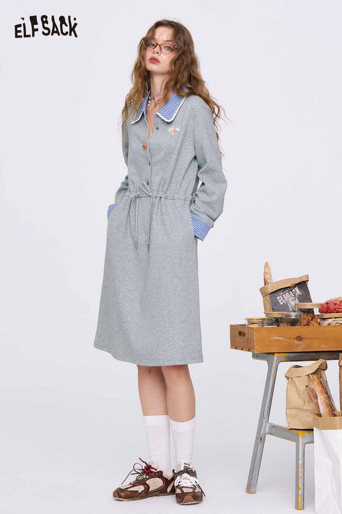 ELFSACK Gray Miu-Style Cinched-Waist Dress with a Lace-Trimmed Doll Collar