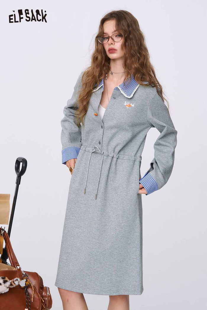 ELFSACK Gray Miu-Style Cinched-Waist Dress with a Lace-Trimmed Doll Collar