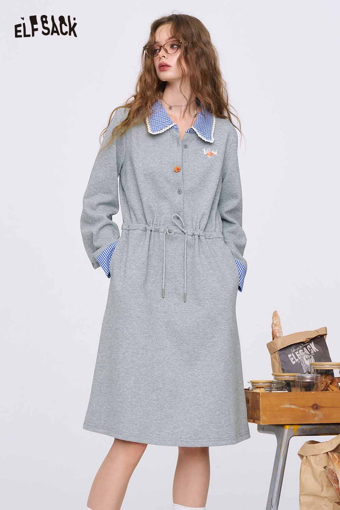 ELFSACK Gray Miu-Style Cinched-Waist Dress with a Lace-Trimmed Doll Collar