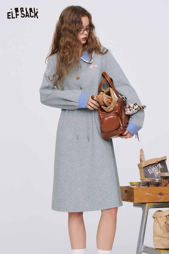ELFSACK Gray Miu-Style Cinched-Waist Dress with a Lace-Trimmed Doll Collar