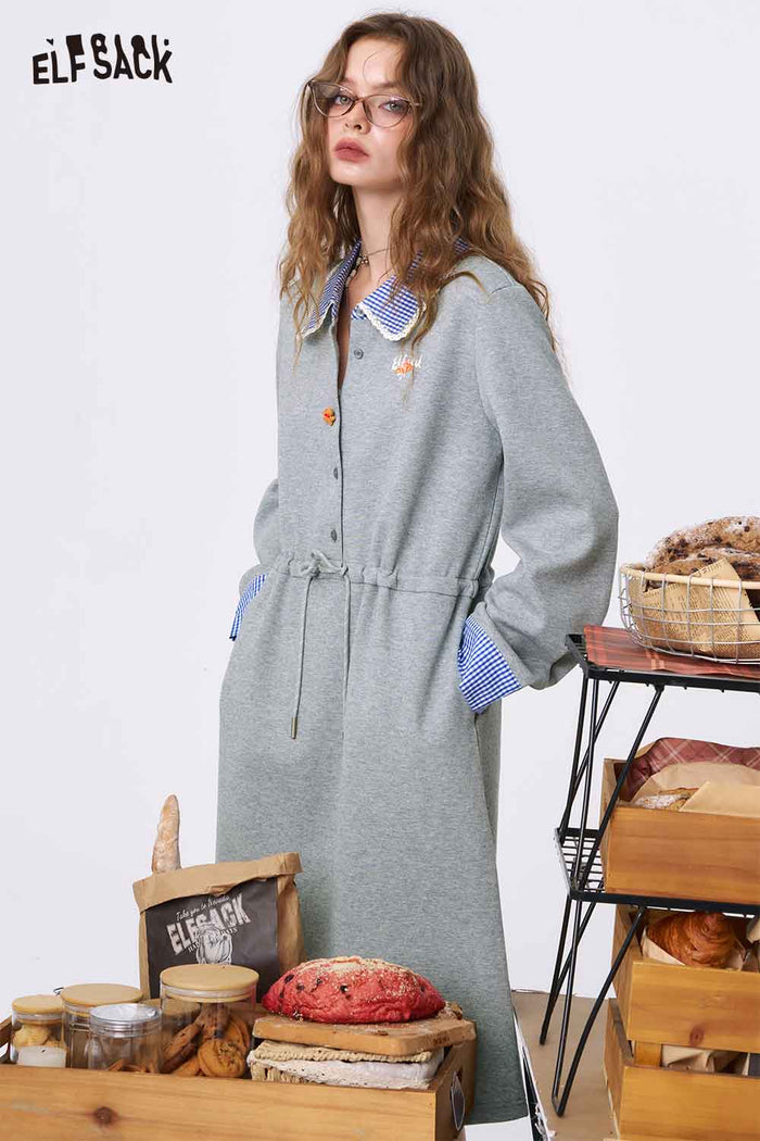 ELFSACK Gray Miu-Style Cinched-Waist Dress with a Lace-Trimmed Doll Collar