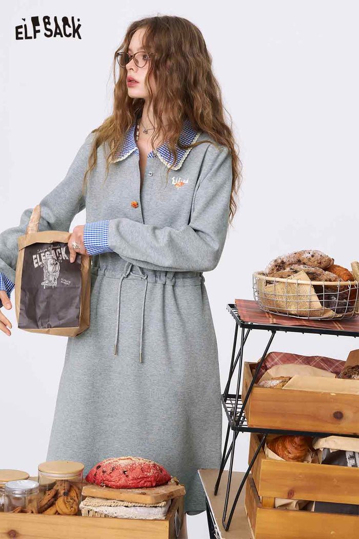 ELFSACK Gray Miu-Style Cinched-Waist Dress with a Lace-Trimmed Doll Collar