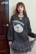 Gray Lace Up Graphic Tulle Sweatshirt Dress