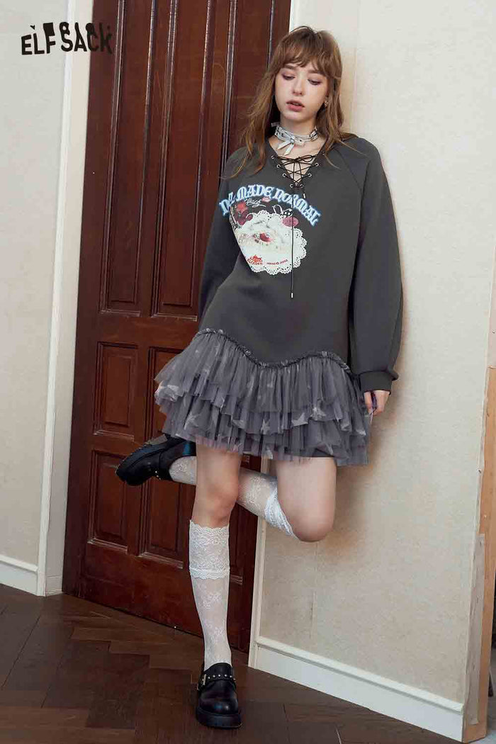 Gray Lace Up Graphic Tulle Sweatshirt Dress