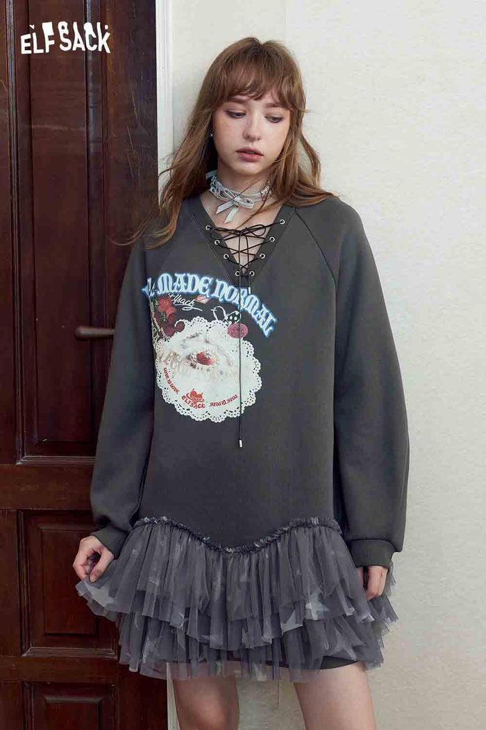 Gray Lace Up Graphic Tulle Sweatshirt Dress