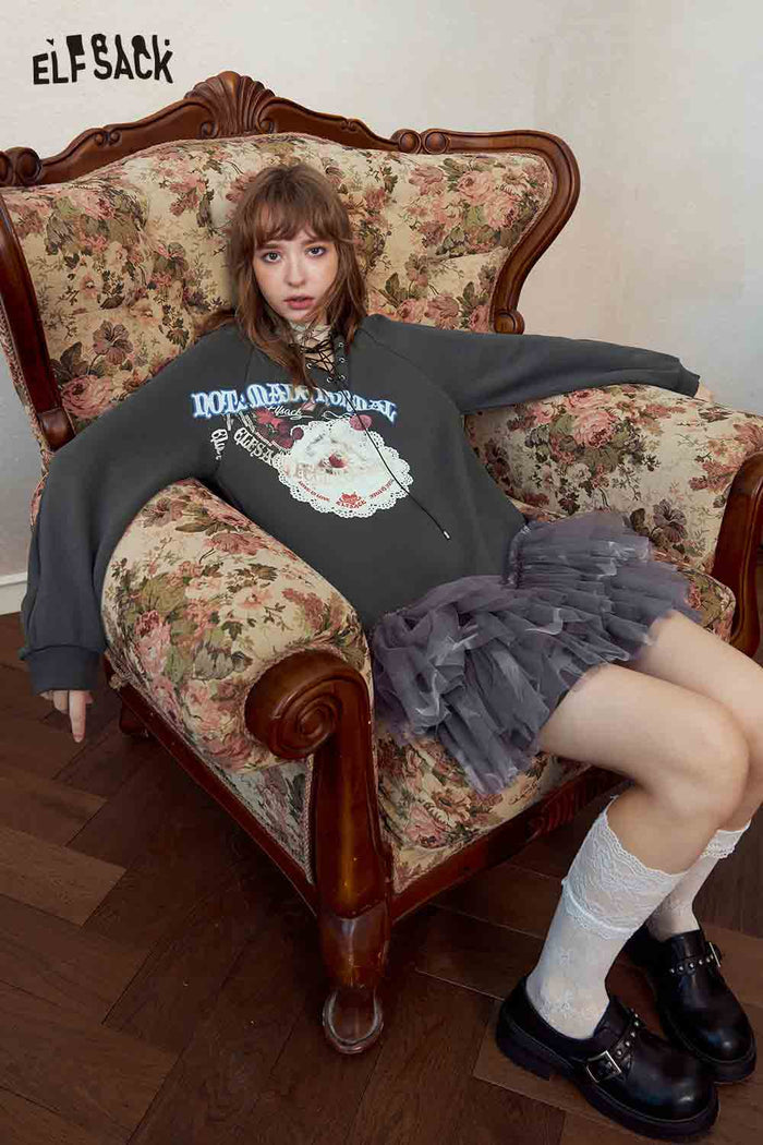 Gray Lace Up Graphic Tulle Sweatshirt Dress