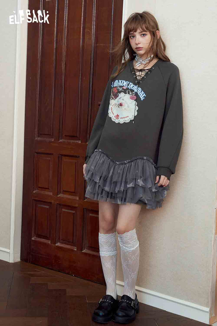 Gray Lace Up Graphic Tulle Sweatshirt Dress
