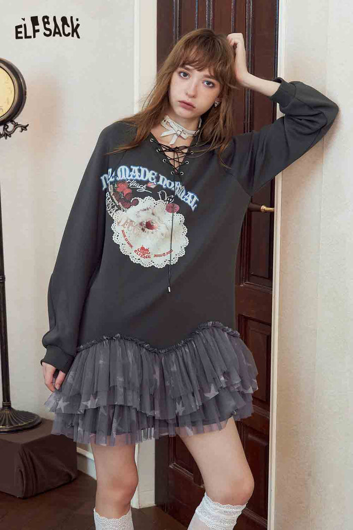 Gray Lace Up Graphic Tulle Sweatshirt Dress