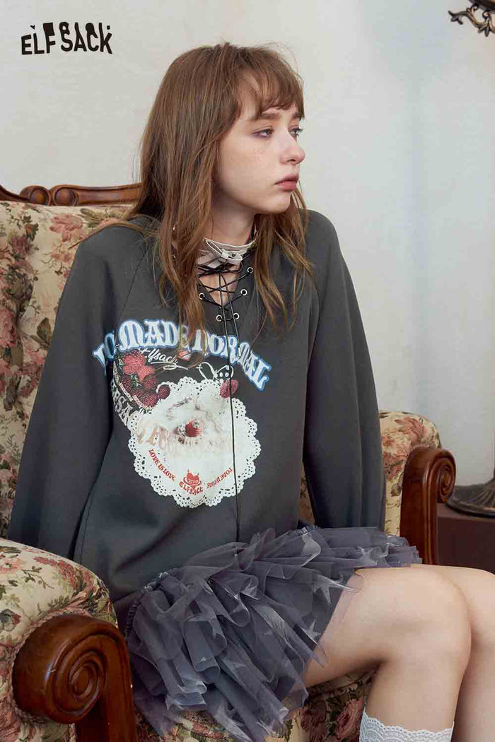 Gray Lace Up Graphic Tulle Sweatshirt Dress