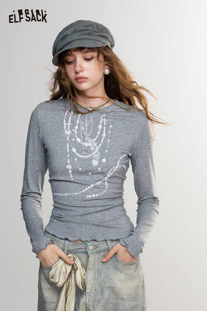 Gray Long Sleeve Layered Pearl Necklace Print T-Shirt