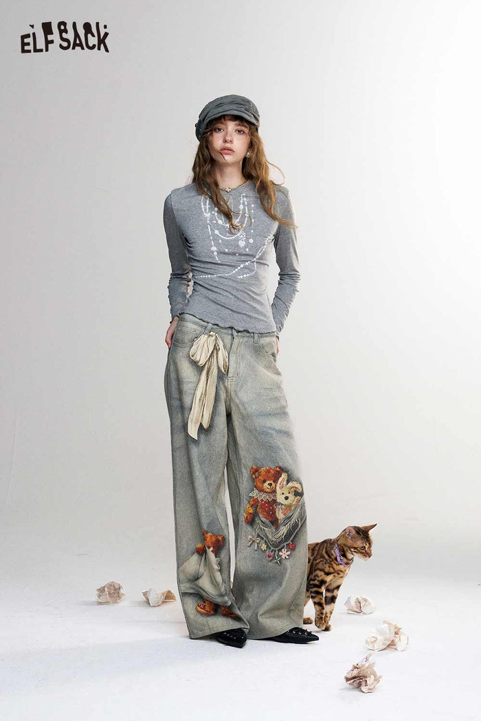 Gray Long Sleeve Layered Pearl Necklace Print T-Shirt
