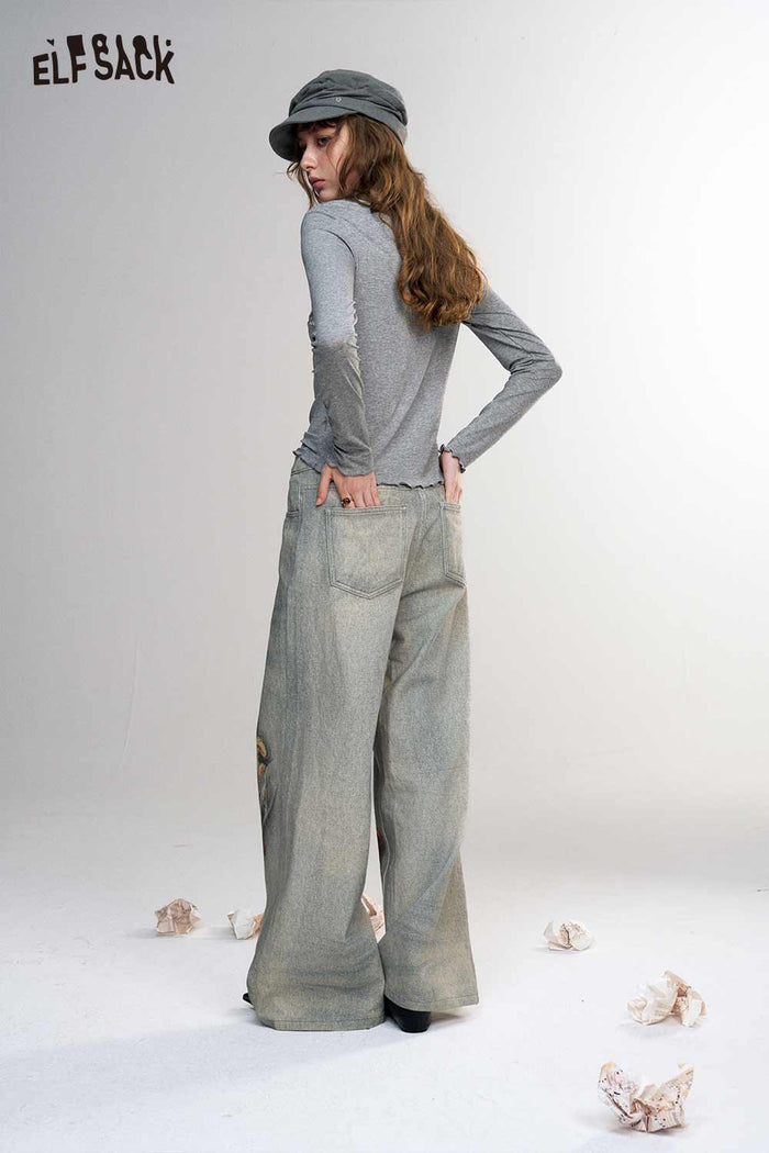 Gray Long Sleeve Layered Pearl Necklace Print T-Shirt
