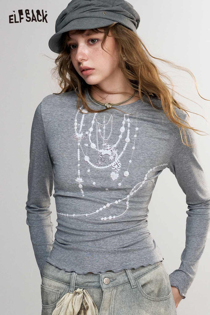 Gray Long Sleeve Layered Pearl Necklace Print T-Shirt