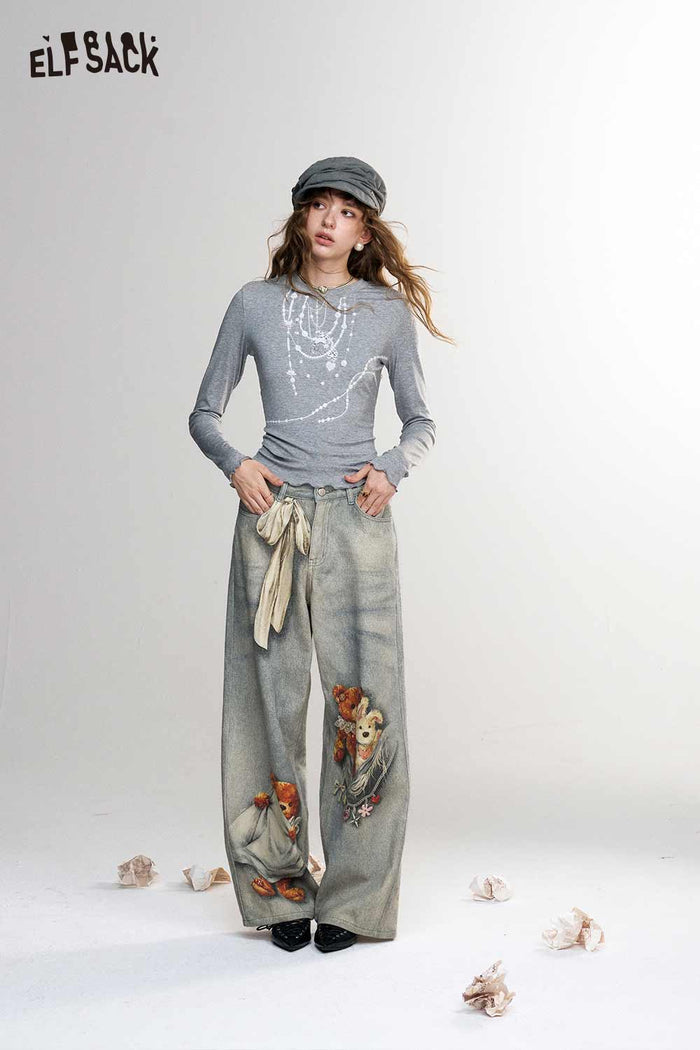 Gray Long Sleeve Layered Pearl Necklace Print T-Shirt