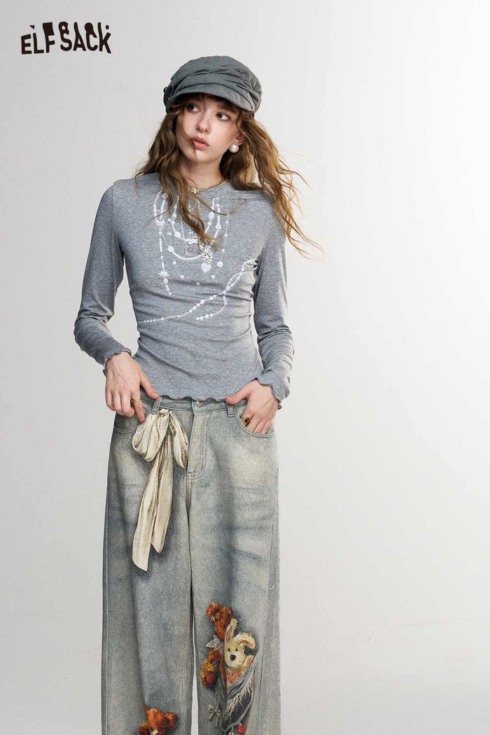 Gray Long Sleeve Layered Pearl Necklace Print T-Shirt